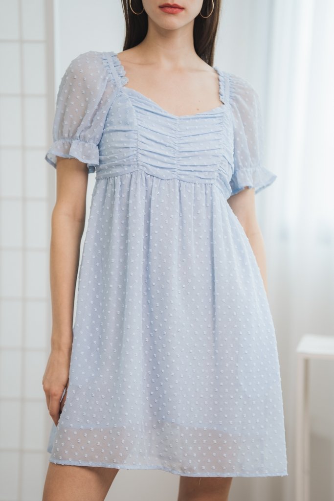 Kennedy Swiss Dots Ruched Dress Romper in Powder Blue (XS)