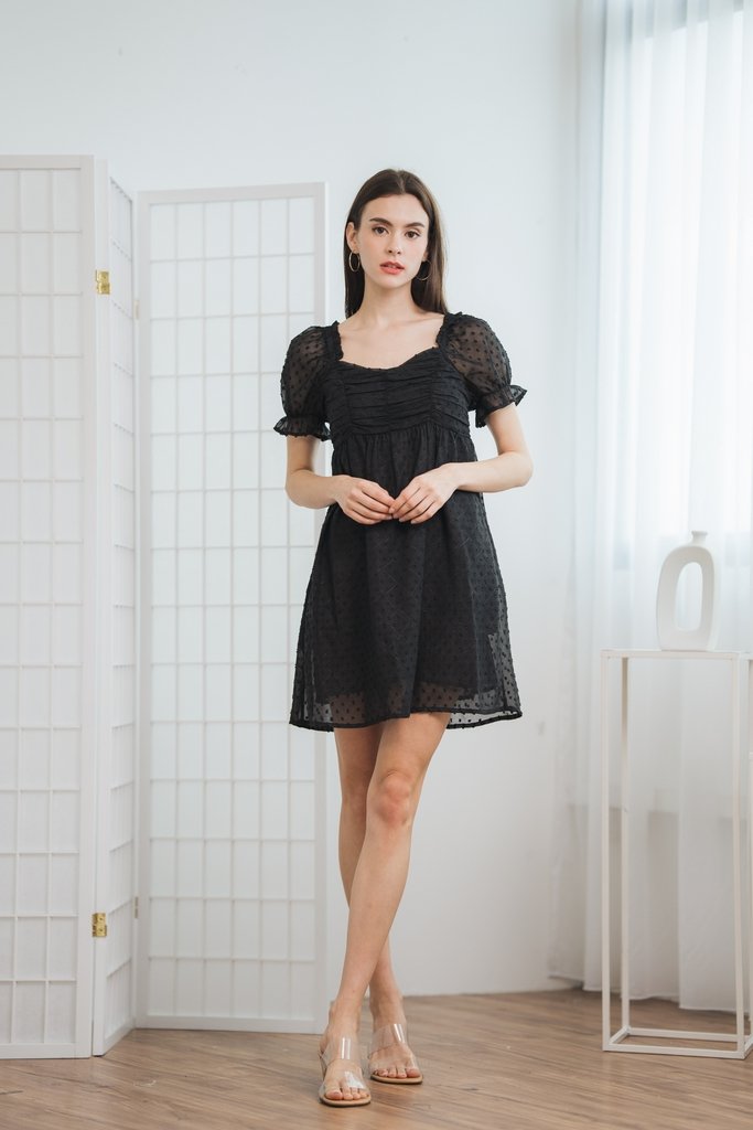 Kennedy Swiss Dots Ruched Dress Romper in Black (XS)