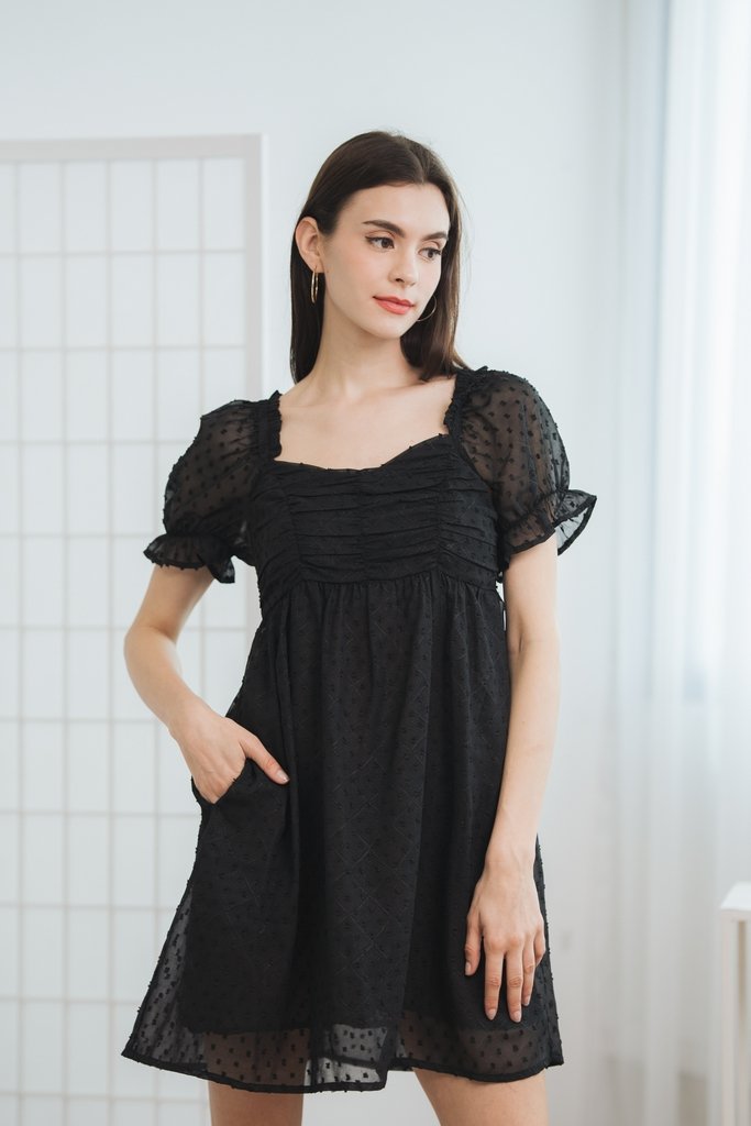 Kennedy Swiss Dots Ruched Dress Romper in Black (XS)