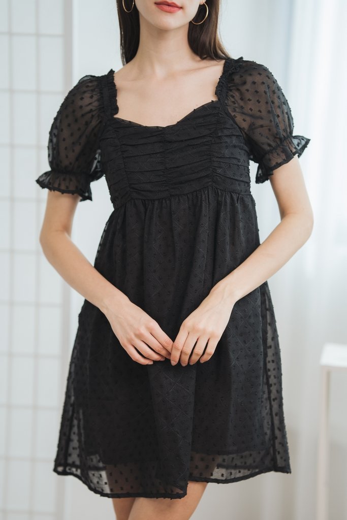 Kennedy Swiss Dots Ruched Dress Romper in Black (XS)