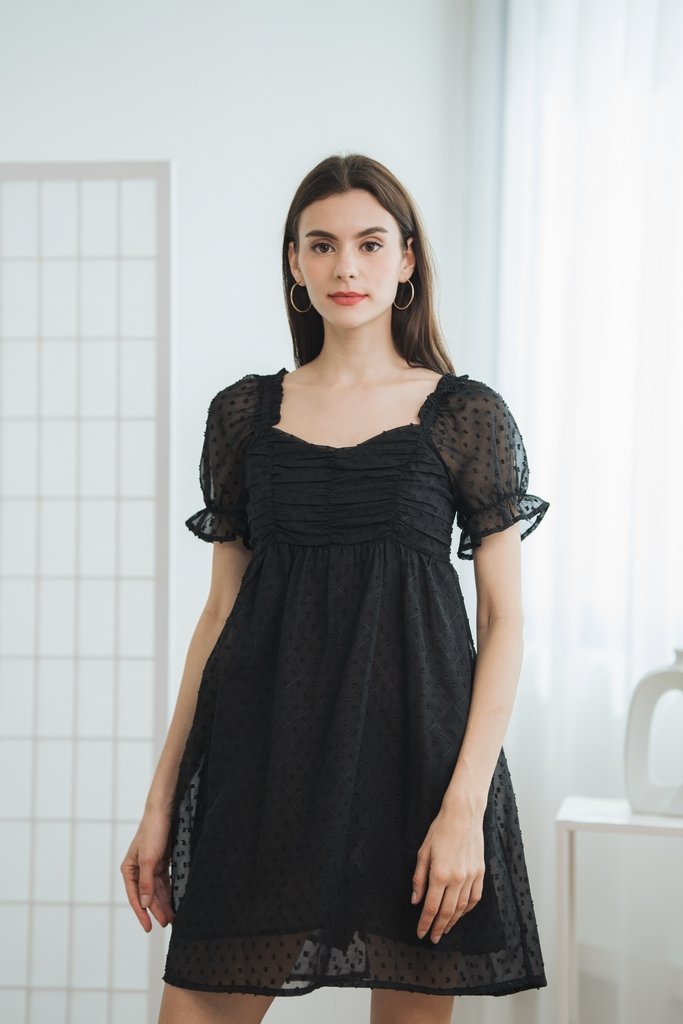 Kennedy Swiss Dots Ruched Dress Romper in Black (XS)