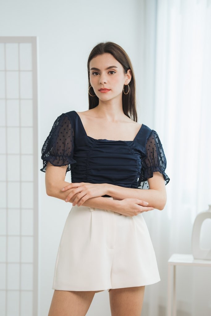 Arianna Ruched Smocked Back Top in Navy Blue (XS)