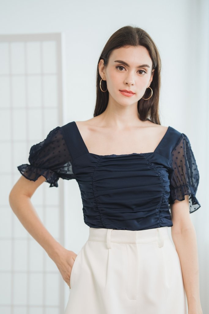 Arianna Ruched Smocked Back Top in Navy Blue (XS)