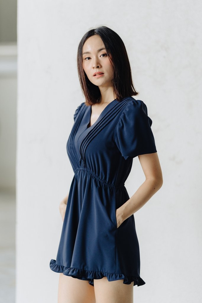 Abel Pleated Romper in Navy (XS)