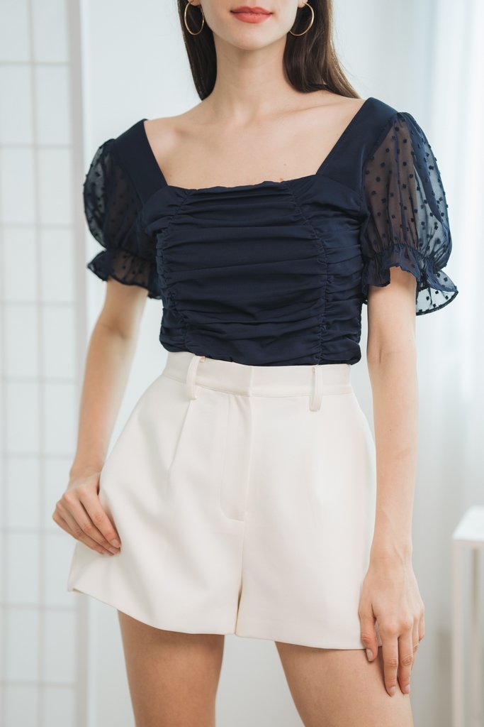 Arianna Ruched Smocked Back Top in Navy Blue (XS)