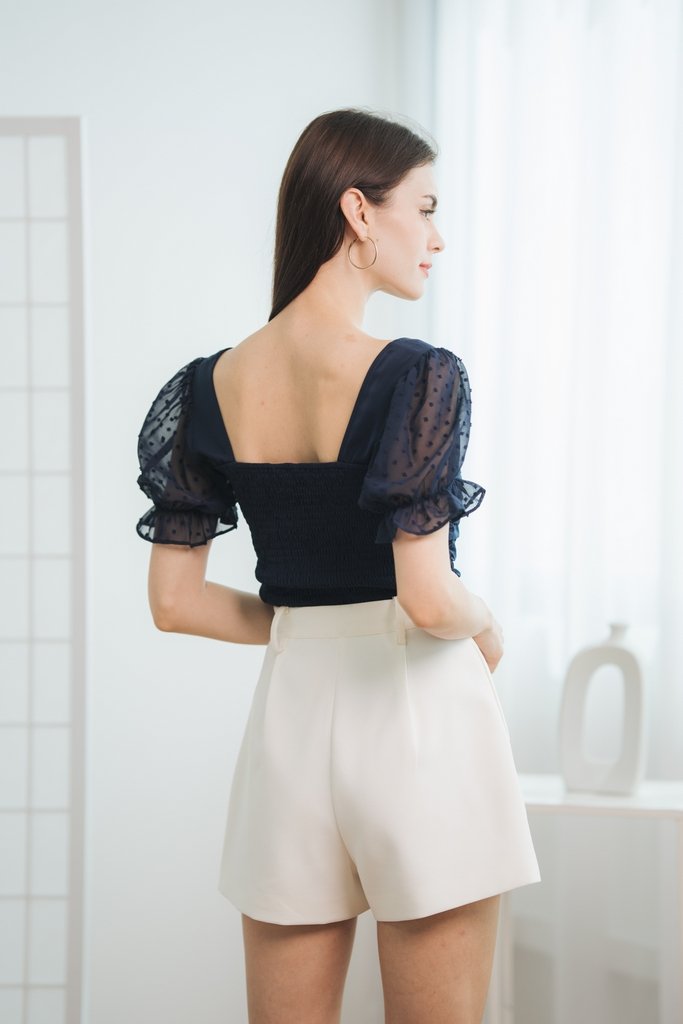 Arianna Ruched Smocked Back Top in Navy Blue (XS)