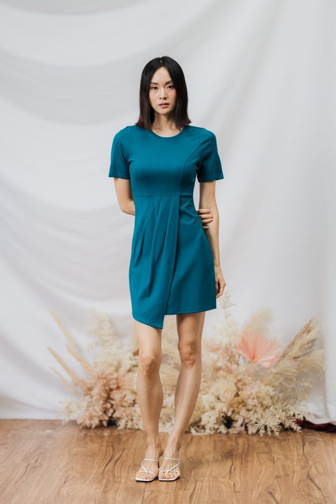 Kyra Overlap Cotton Work Dress in Teal (XS)