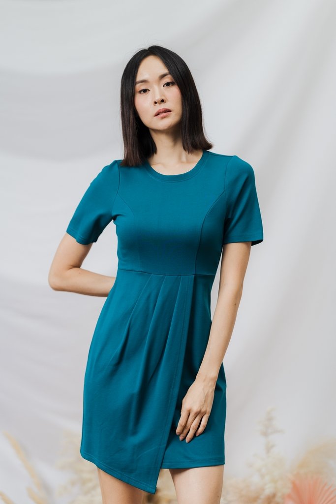 Kyra Overlap Cotton Work Dress in Teal (XS)