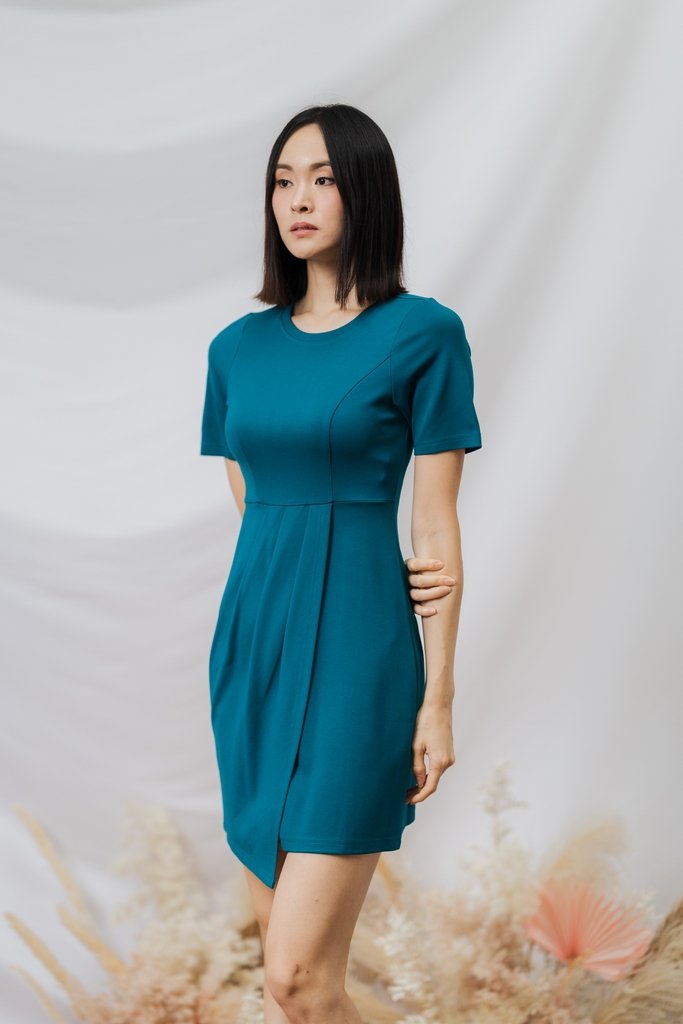 Kyra Overlap Cotton Work Dress in Teal (XS)