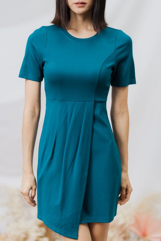 Kyra Overlap Cotton Work Dress in Teal (XS)