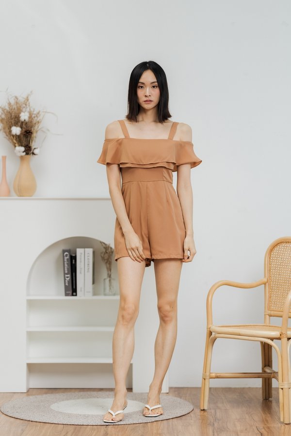 June Cold Shoulder Romper in Brown