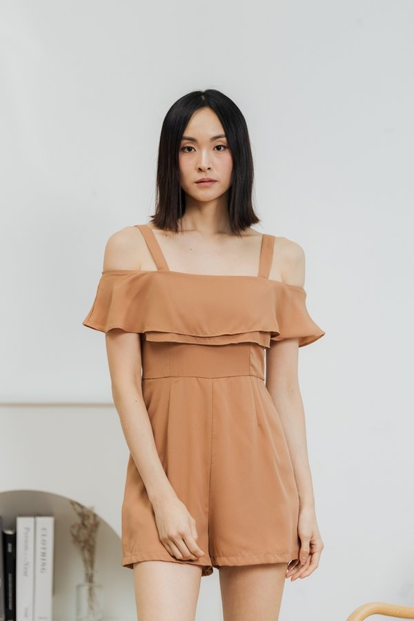 June Cold Shoulder Romper in Brown