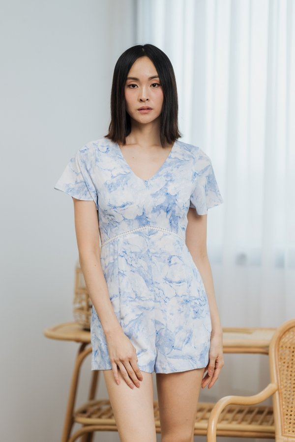 Blair Abstract Empire Waist Romper in Blue (XS)