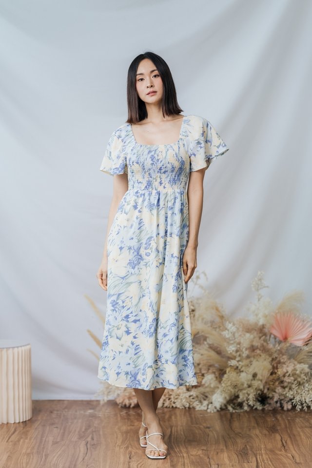 Emry Printed Smocked Maxi Dress in Blue