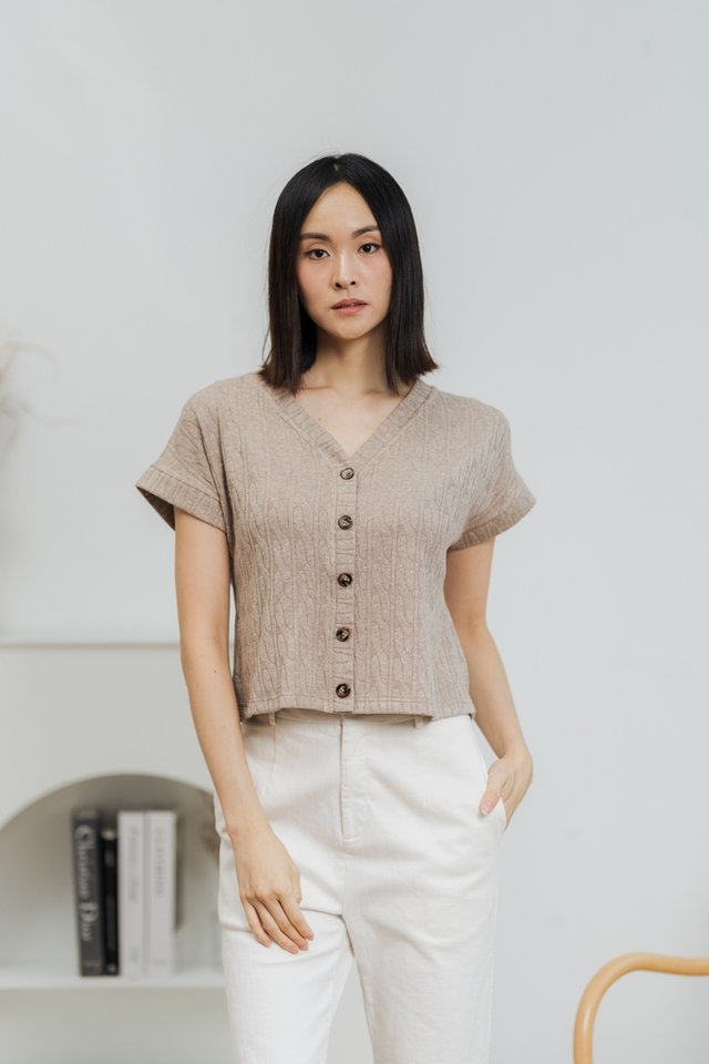 Audria Knitted Button Top in Khaki