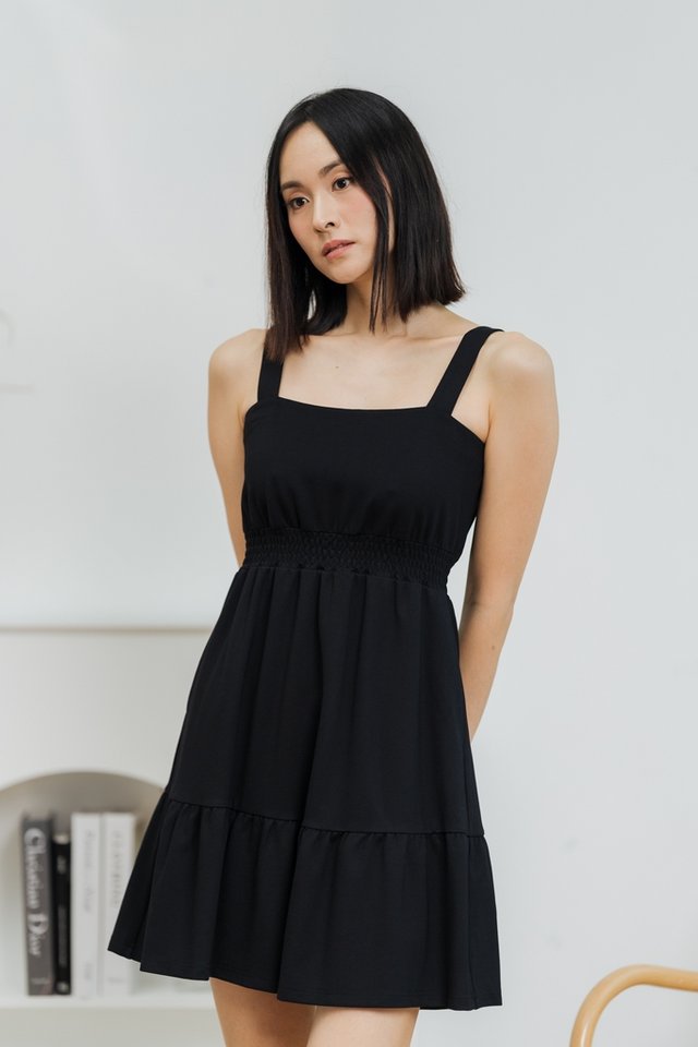 Kieva Smocked Waist Cotton Dress in Black