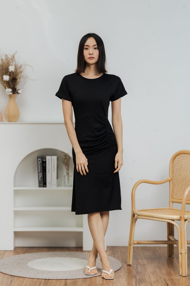 Imani Ruched Midi Dress in Black
