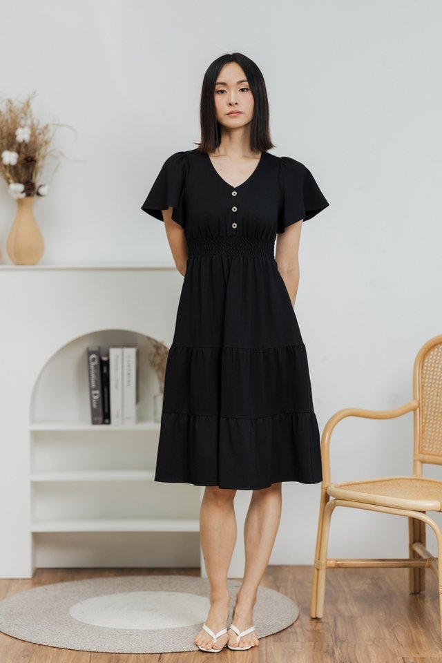 Golda Smocked Tiered Midi Dress in Black