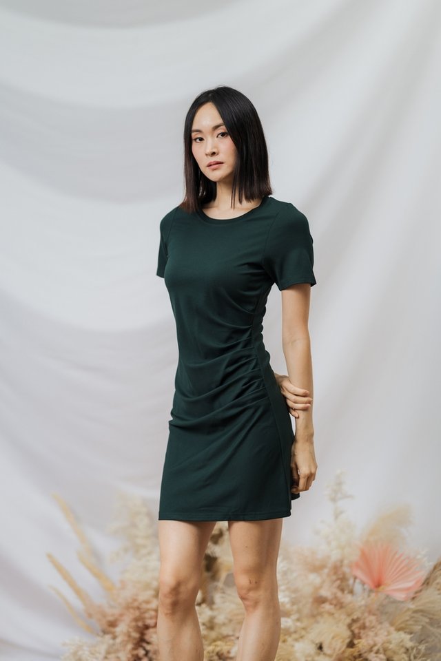 Allie Side Ruched Cotton Dress in Forest