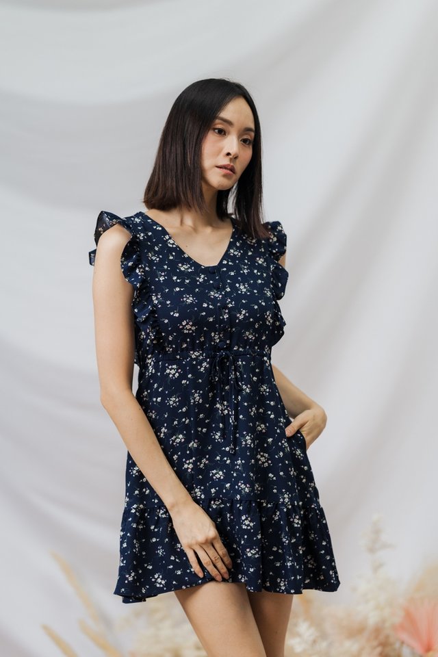 Cate Drawstring Floral Dress in Navy