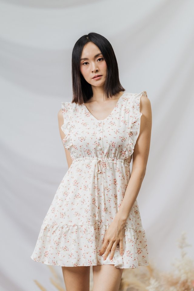 Cate Drawstring Floral Dress in White 