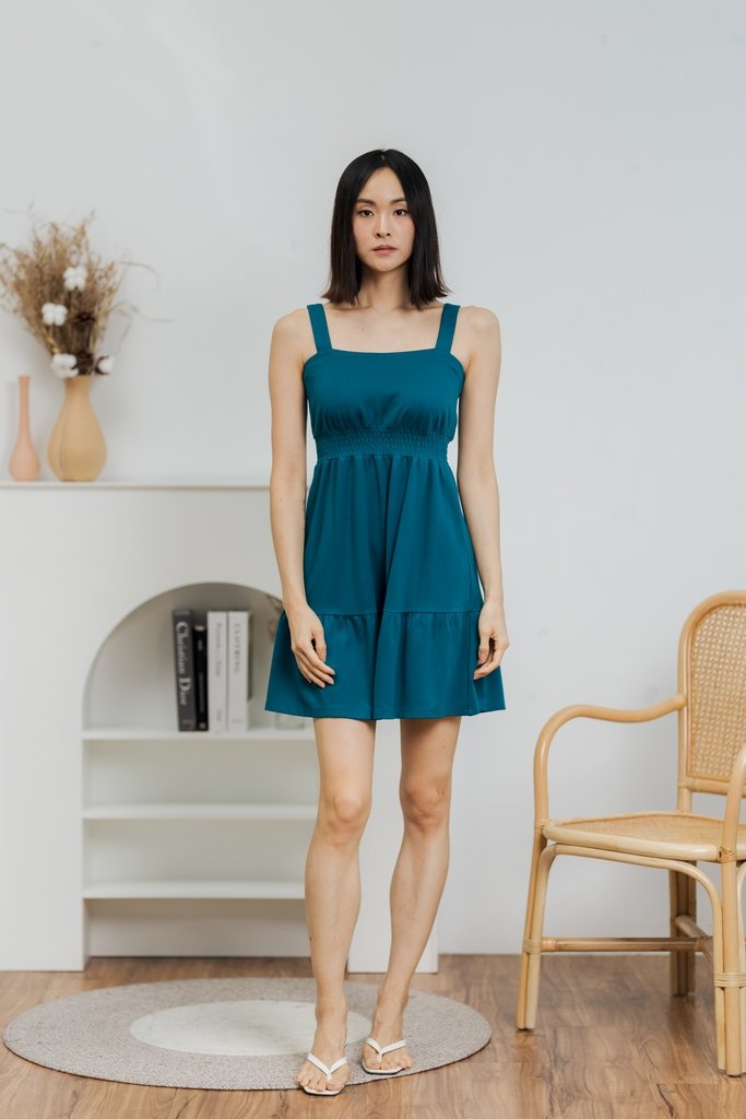 Kieva Smocked Waist Cotton Dress in Teal (L)