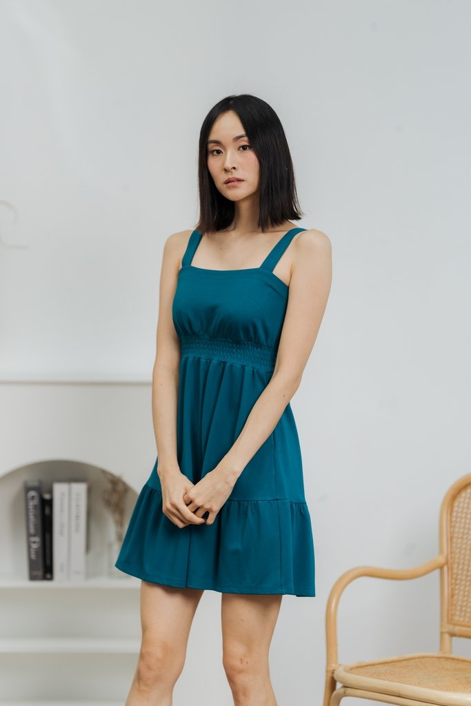 Kieva Smocked Waist Cotton Dress in Teal (L)