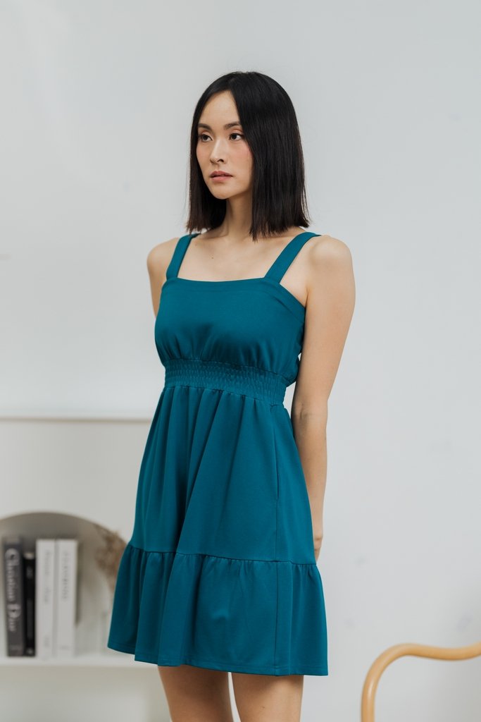 Kieva Smocked Waist Cotton Dress in Teal (L)