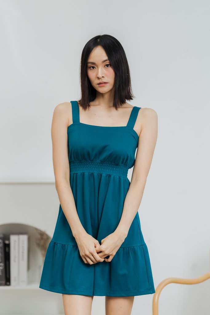 Kieva Smocked Waist Cotton Dress in Teal (L)