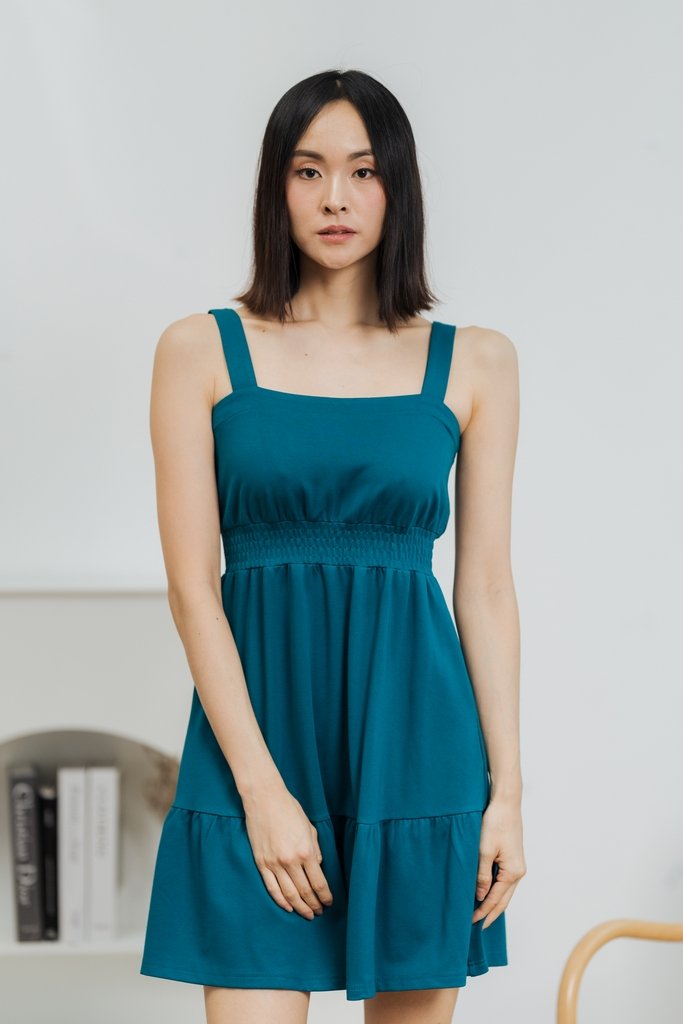 Kieva Smocked Waist Cotton Dress in Teal (L)