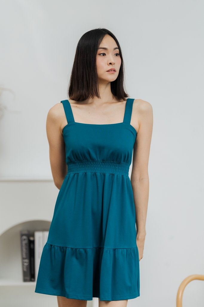 Kieva Smocked Waist Cotton Dress in Teal (L)