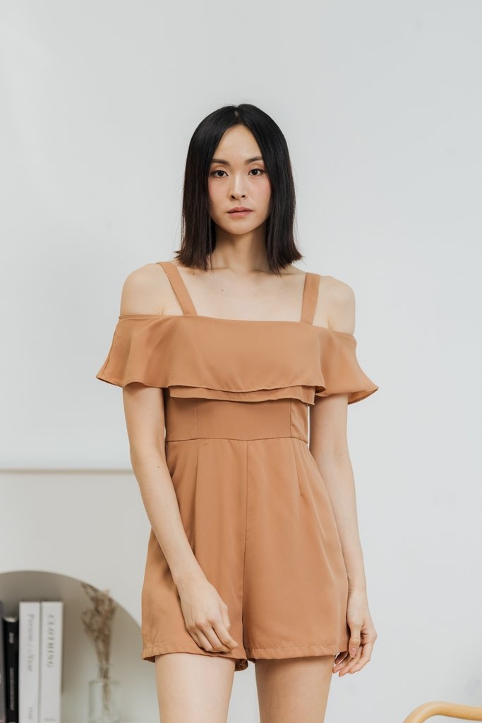 June Cold Shoulder Romper in Brown