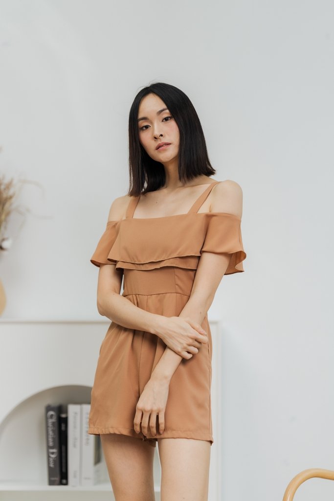 June Cold Shoulder Romper in Brown
