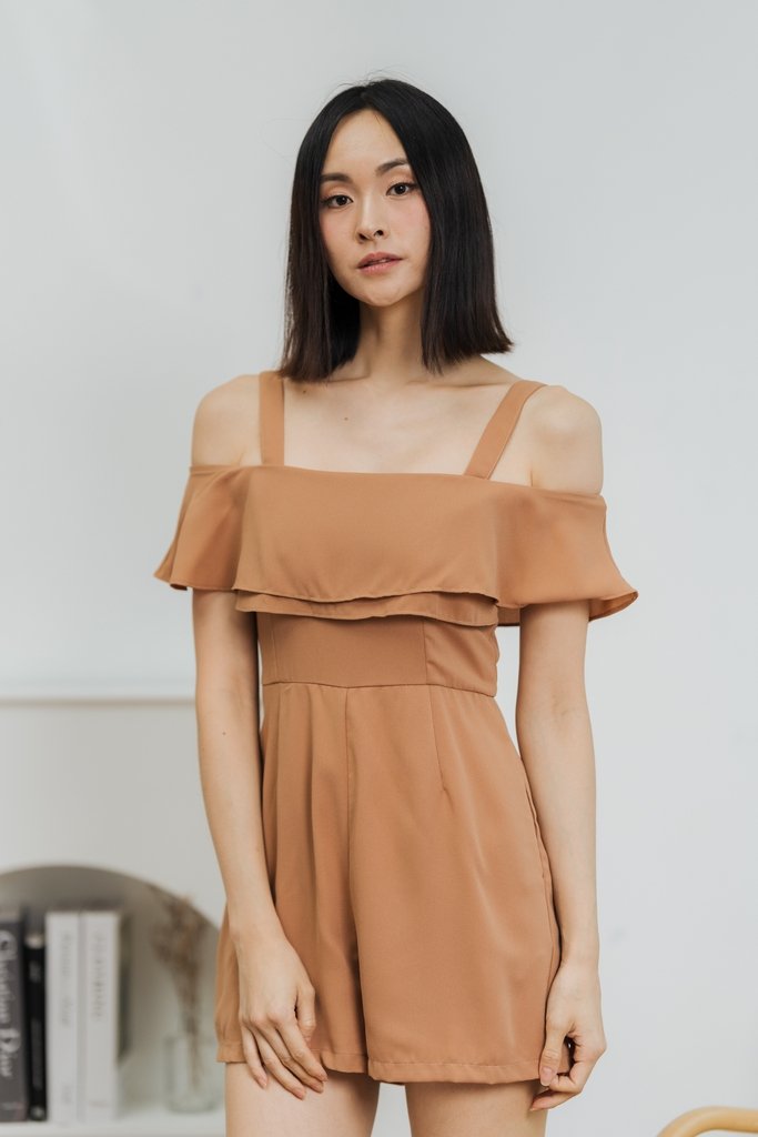 June Cold Shoulder Romper in Brown