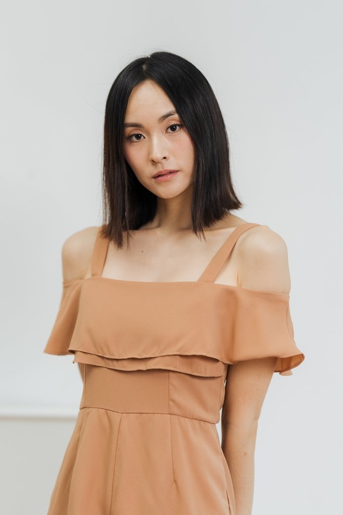 June Cold Shoulder Romper in Brown