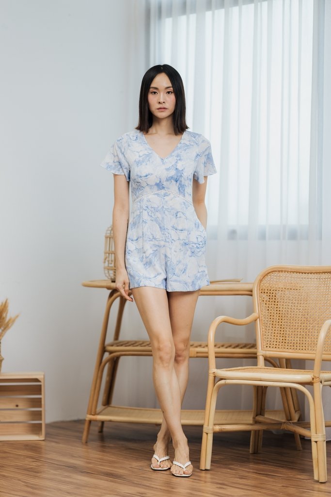 Blair Abstract Empire Waist Romper in Blue (XS)