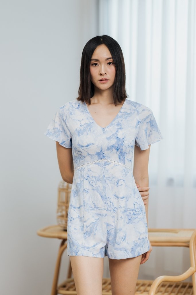 Blair Abstract Empire Waist Romper in Blue (XS)