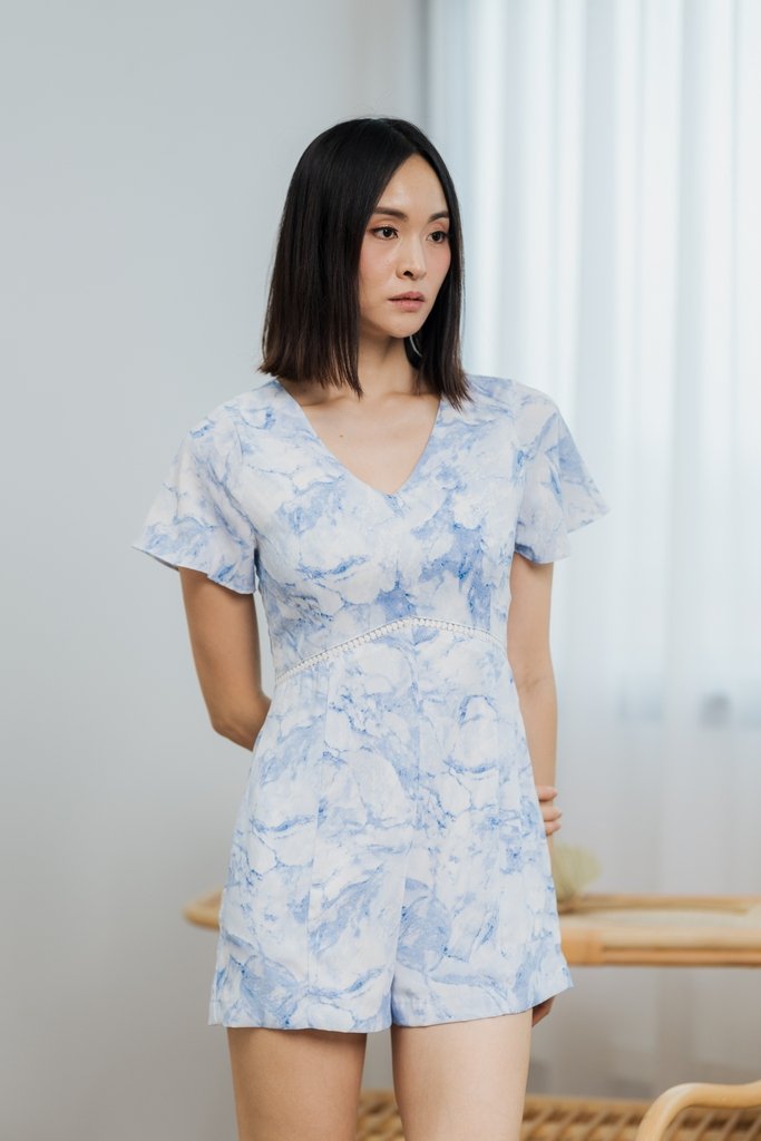 Blair Abstract Empire Waist Romper in Blue (XS)