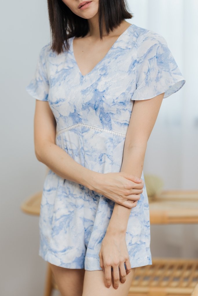 Blair Abstract Empire Waist Romper in Blue (XS)