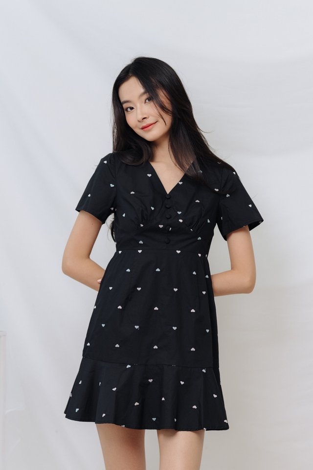 Gigi Hearts Embroidered Dress in Black