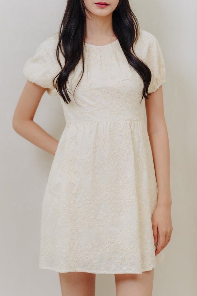 Blaise Embroidery Puff Sleeve Dress in Cream