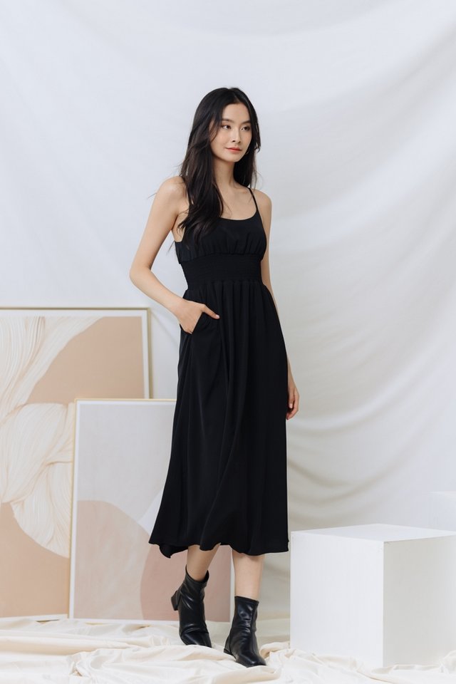 Zilpah Smocked Waist Maxi Dress in Black