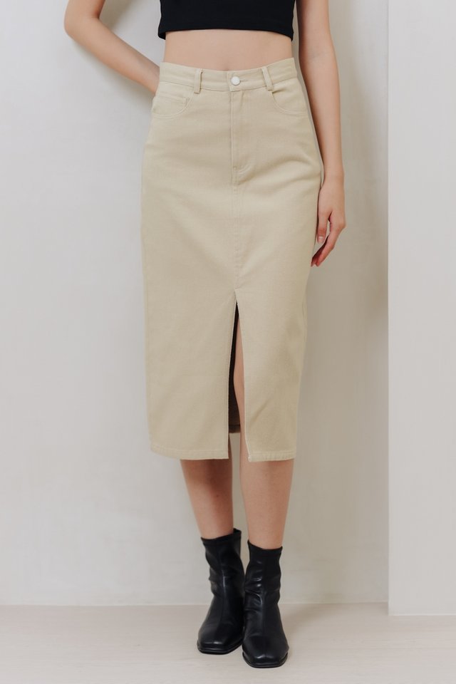  Lexley Denim Midi Skirt in Khaki