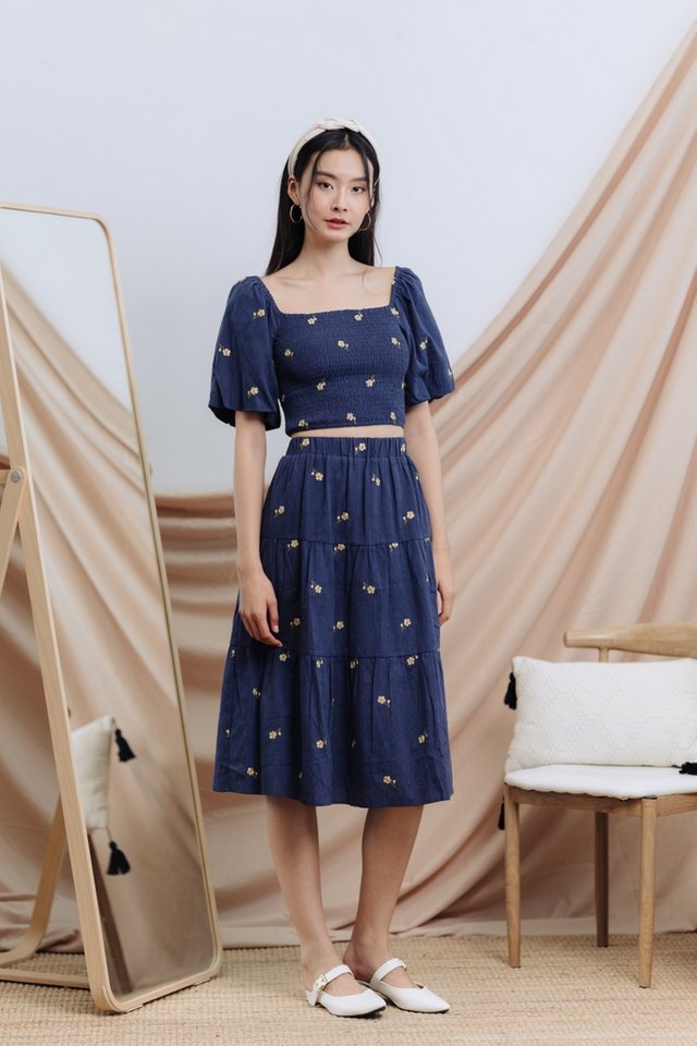Tien Embroidery Midi Skirt in Navy