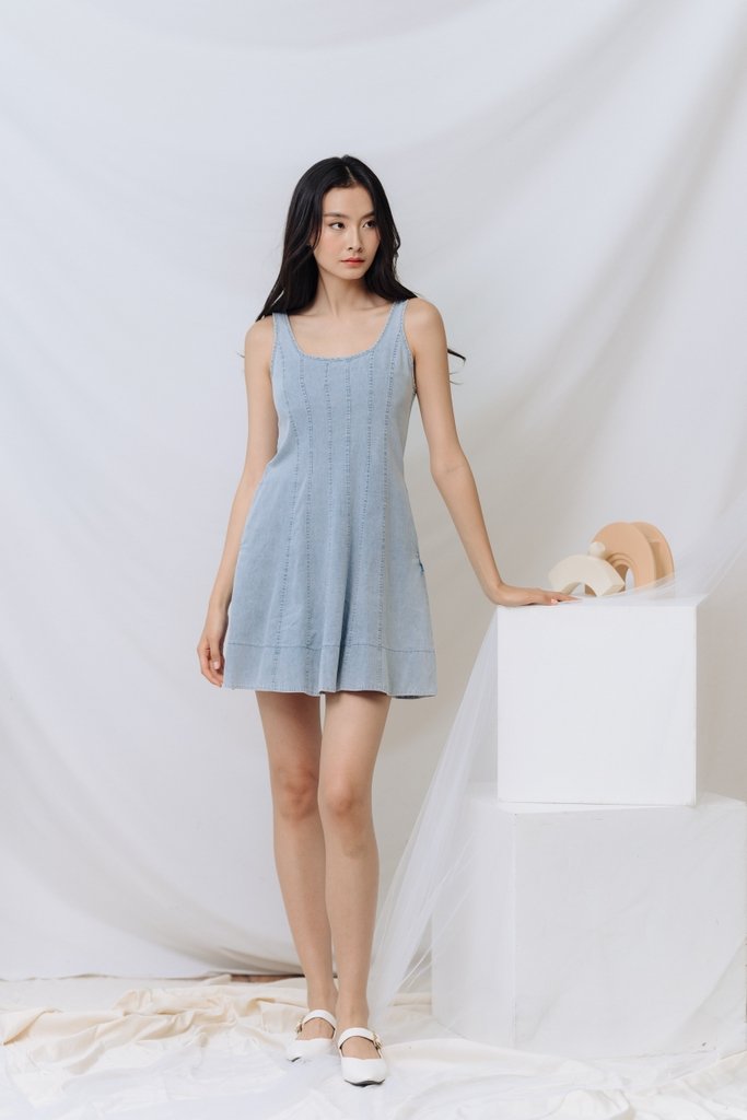 Archie Panel Denim Dress in Denim Blue (XS)
