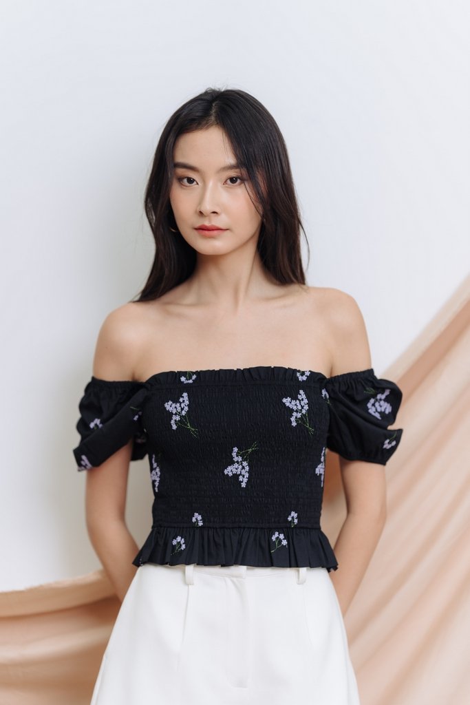 Blossom Smocked Top in Black (XS)