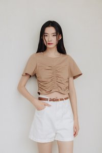 Lennon Ruched Cotton Top in Brown