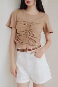 Lennon Ruched Cotton Top in Brown