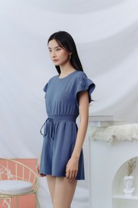 Zali Smocked Waist Cotton Romper in Denim Blue