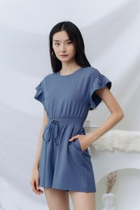 Zali Smocked Waist Cotton Romper in Denim Blue